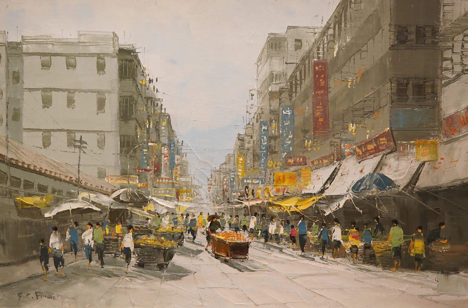 F C F, Chinese market scene, indistinctly signed, oil on canvas, 50 x 70cm